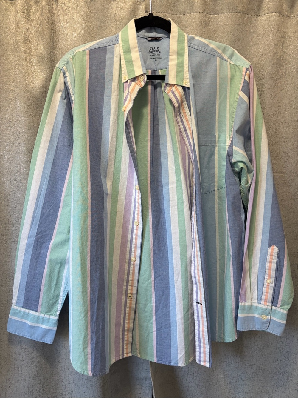 Izod Saltwater Pastel Multi-Stripe Button-Down Shirt - Light Green Blue Pink M - Picture 2 of 10